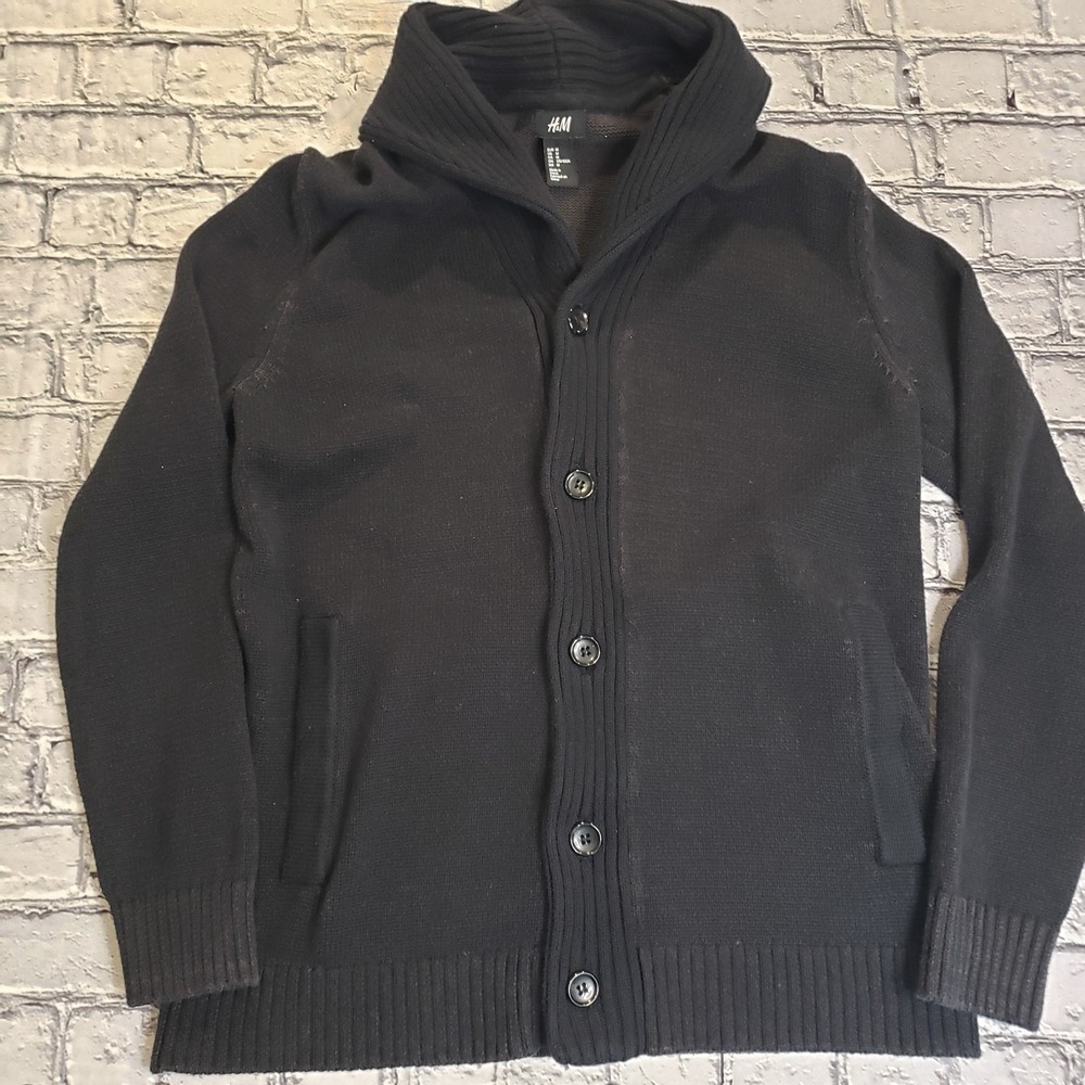 H&M Men's Black Full Zip Cardigan Sweater Shawl Collar Ribbed Knit Medium